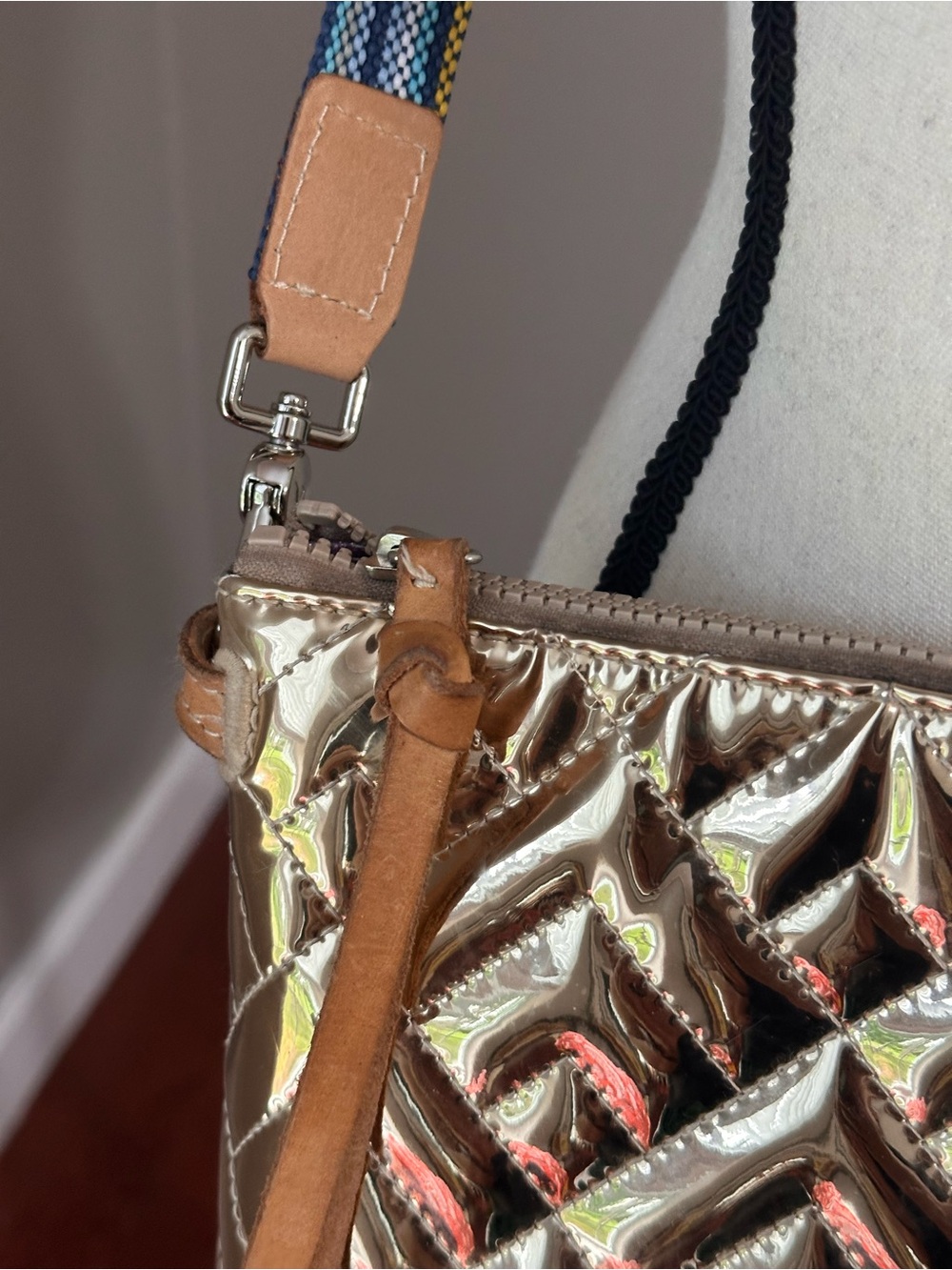 Consuela Metallic Quilted Crossbody Bag in Gold with Blue-Striped Strap - Picture 3 of 8